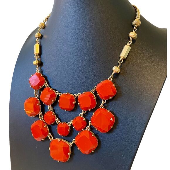 Stella & Dot Orange & Matte Gold 3 Tiered Bib Statement Necklace. - Picture 2 of 6
